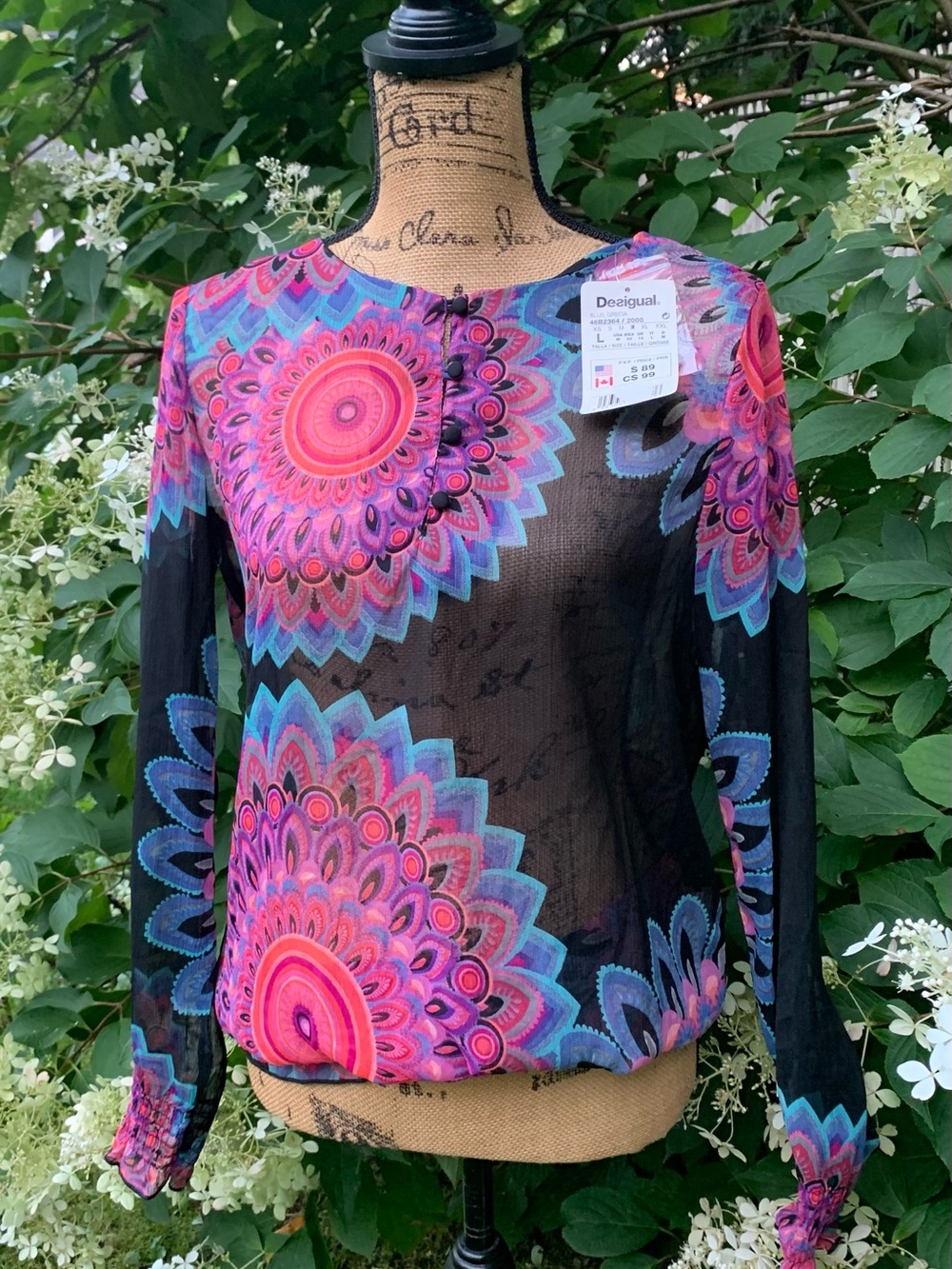 DESIGUAL Grecia ladies colorful sheer Vintage poly blouse size large  NWT